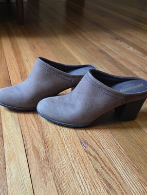 Clarks Taupe Slip-On Block Heel Mules